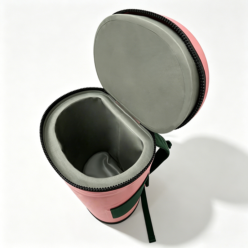 zip top round opening and insulated liner of barrel cooler backpack
