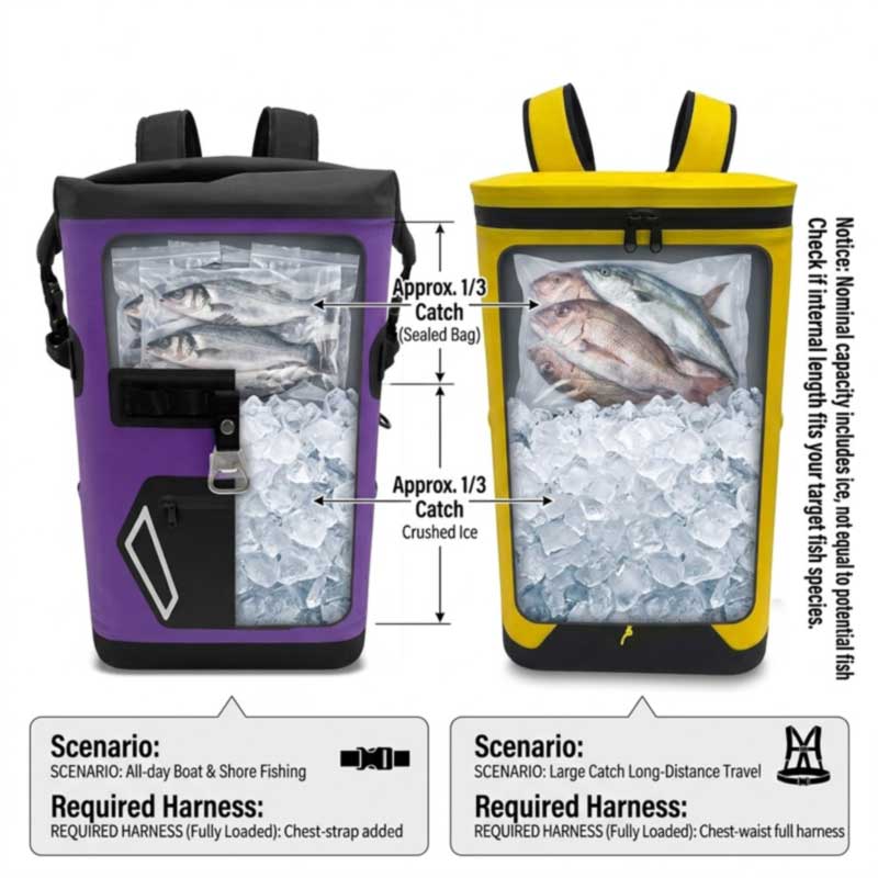 two fishing cooler backpack sizes in cross-section showing ice-to-catch load and matching harness requirements two fishing cooler backpack sizes in cross-section showing ice-to-catch load and matching harness requirements